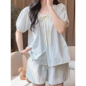 Bộ Đồ Ngủ Ngắn Tay VN, Phong Cách Hàn Quốc, Phong Cách Nữ, Xanh Ngọt Ngào, Quần Short Ngắn Tay Mỏng Mùa Hè, Đồ Loungewear, ins Style