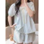 Bộ Đồ Ngủ Ngắn Tay VN, Phong Cách Hàn Quốc, Phong Cách Nữ, Xanh Ngọt Ngào, Quần Short Ngắn Tay Mỏng Mùa Hè, Đồ Loungewear, ins Style