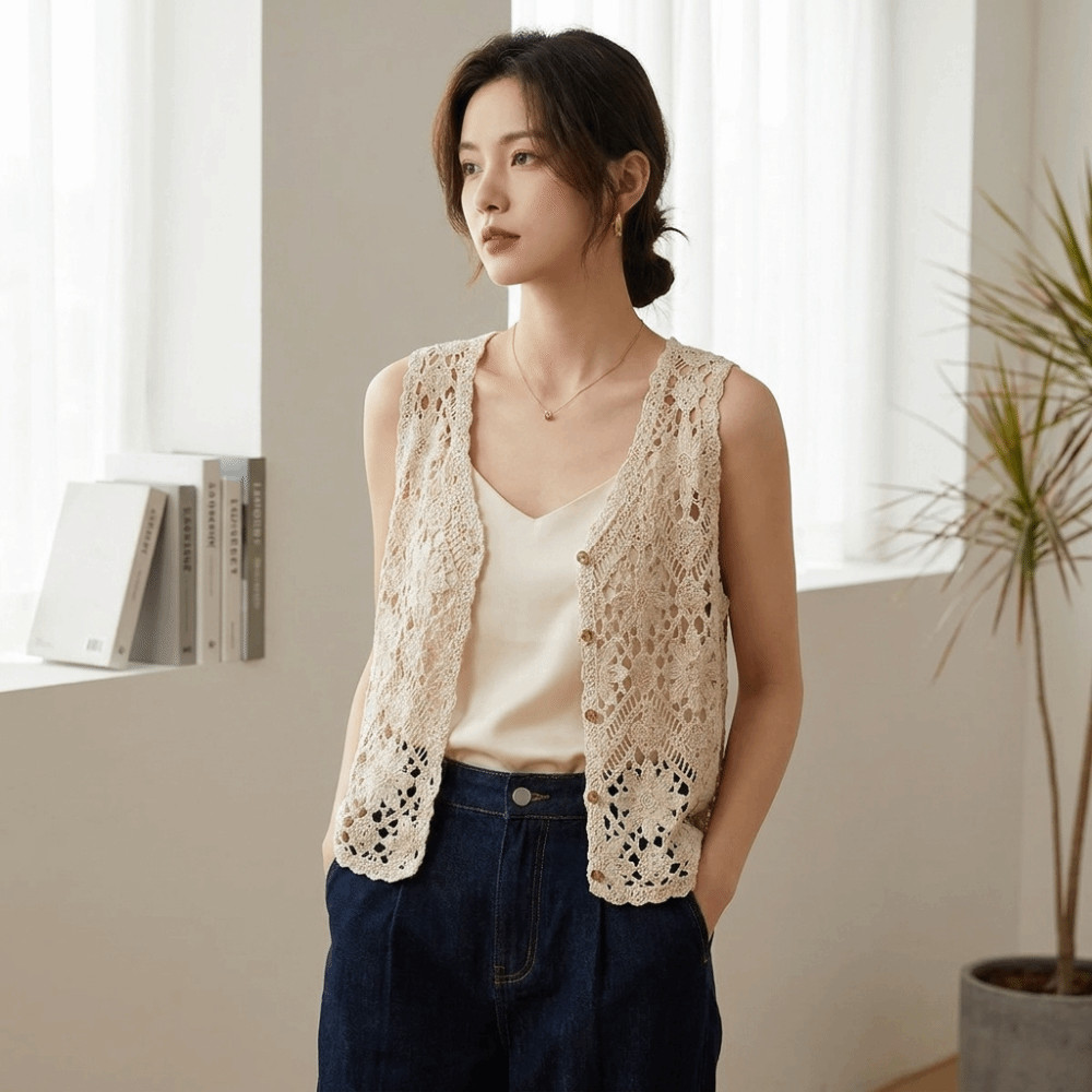 Áo Vest móc FEDAOG, Áo len cardigan rỗng họa tiết Boho, Thiết kế nhiều lớp đa năng Áo len cardigan không tay dáng rộng vừa vặn cho nữ