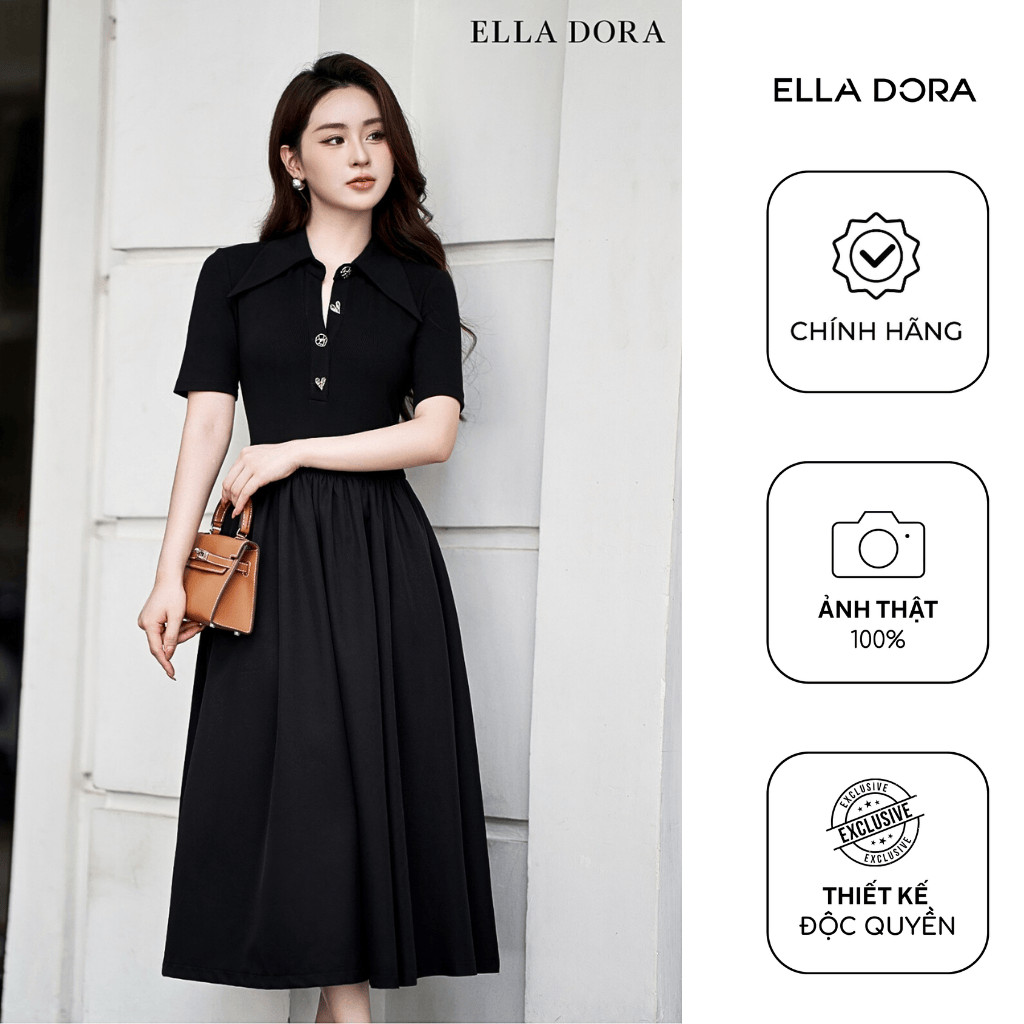 Đầm công sở nữ ELLA DORA cổ sơ mi 4 cúc đồng form ôm dáng dài hiện đại dễ mặc 4 mùa màu ĐEN [D249]