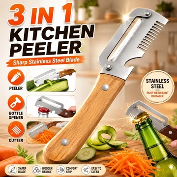 Dụng cụ gọt vỏ bằng thép không gỉ 3 trong 1 để cắt lát & bóc vỏ cho nhà bếp có tay cầm bằng gỗ và dụng cụ mở chai