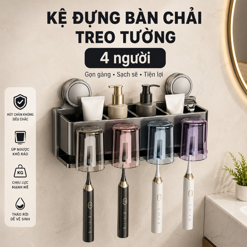 Kệ Để Bàn Chải Hút Chân Không - Tổ Chức Nhà Tắm Gọn, Chất Liệu ABS & Thép Carbon, Lắp Đặt Dễ Không Khoan