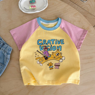 Bé Gái Mùa Hè Khâu Màu Sắc Raglan Tay Ngắn Áo Thun Nữ Bé Động Vật In Hình Dễ Thương Nửa Tay Top