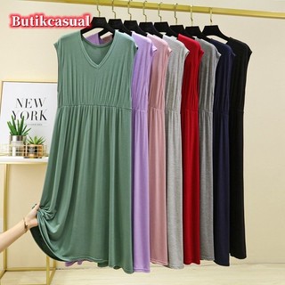 Váy cotton modal mùa hè 2023 không tay cổ chữ V, xếp ly dáng rộng dài vừa phải, trơn, phong cách nữ thường ngày