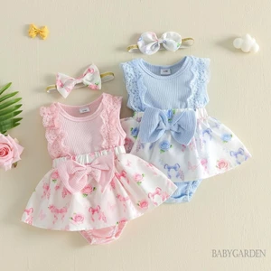 Bé Gái Đáng Yêu Nơ Hoa In Áo Liền Quần Cổ Tròn Không Tay Và Băng Đô Nơ