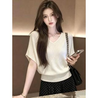 [Seckill trong thời gian có hạn] 2026 Phong cách mới Thiết kế tay áo búp bê cổ chữ V phong cách đơn giản Áo len ngắn tay dành cho nữ mùa hè dáng rộng dáng rộng hơn trông phù hợp với mọi trận đấu