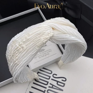 Che Tóc Trắng Đường May Off-White Rộng Vành Băng Đô Nữ Cao Cấp Xếp Ly