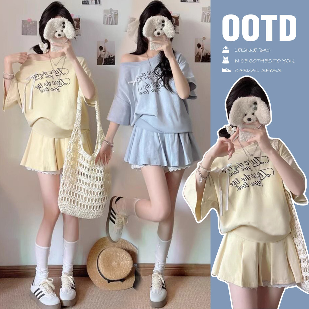 Bộ đồ bà bầu Áo thun ngắn tay bướm mùa hè + Váy xếp li Bộ đồ hai mảnh