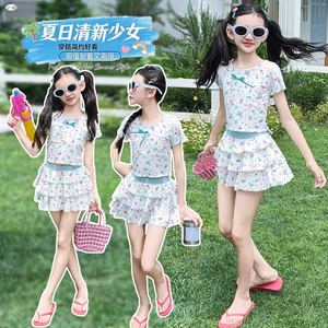Bé Gái Hoạt Hình In Hình Đồ Bơi Mùa Hè Phong Cách Mới Trẻ Em Áo Tay Ngắn + Nơ Bánh Váy Đồ Bơi