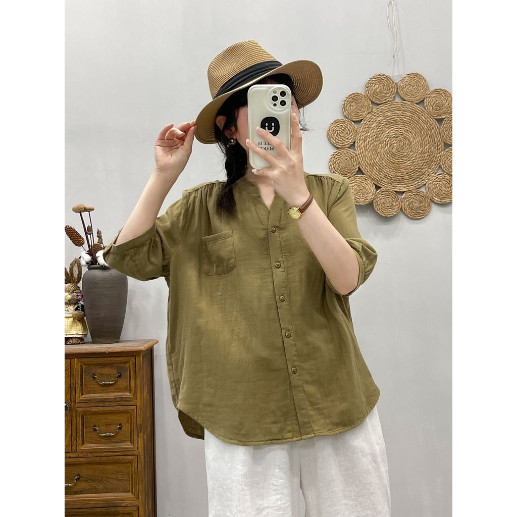 [Hàng có sẵn] Áo sơ mi nữ chất liệu Cotton cao cấp tay vừa cổ chữ V Mori