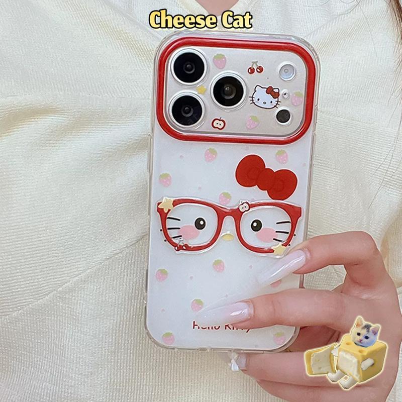 Ốp Lưng Điện Thoại Khung Kính Màu Đỏ Dâu Kitty Nhút Nhát Cho iPhone 17 Pro Max 13 12 11 15 16 Plus Xs Max XR