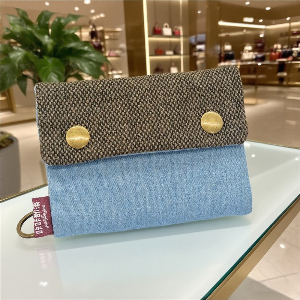 Ví vải Denim gấp ba lần Thiết kế in hình hoạt hình Đơn giản Nam nữ Hộp đựng thẻ vải Hộp đựng chìa khóa
