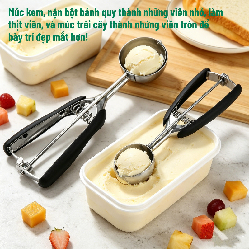 muỗng múc kem thép không gỉ 304 tay cầm silicon chống trơn tự động nhả dùng đa năng múc trái cây
