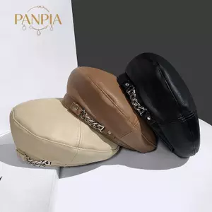 PNPIA- Nữ Thời Trang Vintage Thanh Lịch Dây Xích Kim Loại Da Hình Bát Giác Mũ Nồi Nữ Vintage Màu Trơn Mũ Nồi
