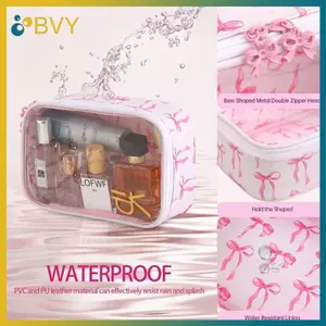 Túi trang điểm PVC BVY Túi giặt nơ màu hồng trong suốt Túi du lịch chống nước Mỹ phẩm và đồ vệ sinh.