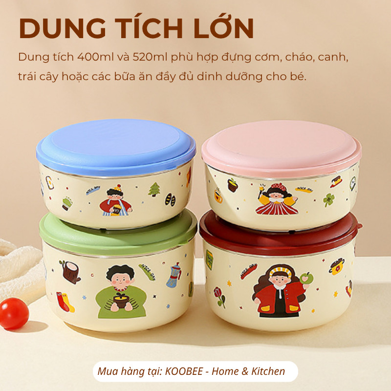 Bát Cơm Inox 316 KOOBEE Có Nắp 400ml/520ml – Hộp Cơm Cách Nhiệt 2 Lớp, Bát Ăn Dặm Hoạt Hình Cho Bé | 394