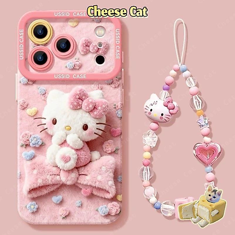Bộ hai mảnh Ốp điện thoại có dây buộc Kitty và màu hồng cho iPhone 17 Pro 13 14 15 Plus 11 12 16 Pro Max XR Xs Max 7Plus