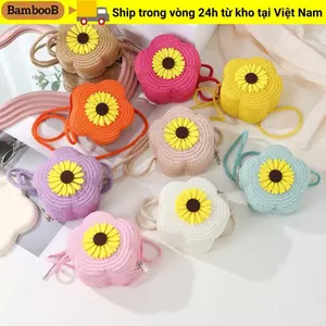 Túi cói BAMBOOB, Túi đeo vai ống hút hoa, Túi xách dệt cho bé gái trẻ em