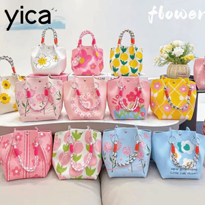Túi Tote YICA, Túi xách nữ in hoa phong cách Hàn Quốc, Túi xách tay cầm bện cầm tay để đi mua sắm & du lịch