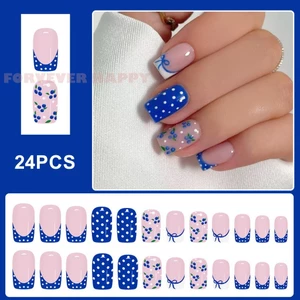 24 Chiếc Móng Tay Giả Pháp Có Nơ Và Chấm Bi In Hình Bóng Móng Tay Giả Thiết Kế Thanh Lịch Cho Nữ
