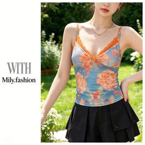 Milyfashion In Hoa Cổ Chữ V Sling Ren Khâu Giả Hai Mảnh Áo Ngắn Có Miếng Lót Ngực Y2K Slim-Fit Slim Hơn Nhìn Phong Cách Mới GCAV