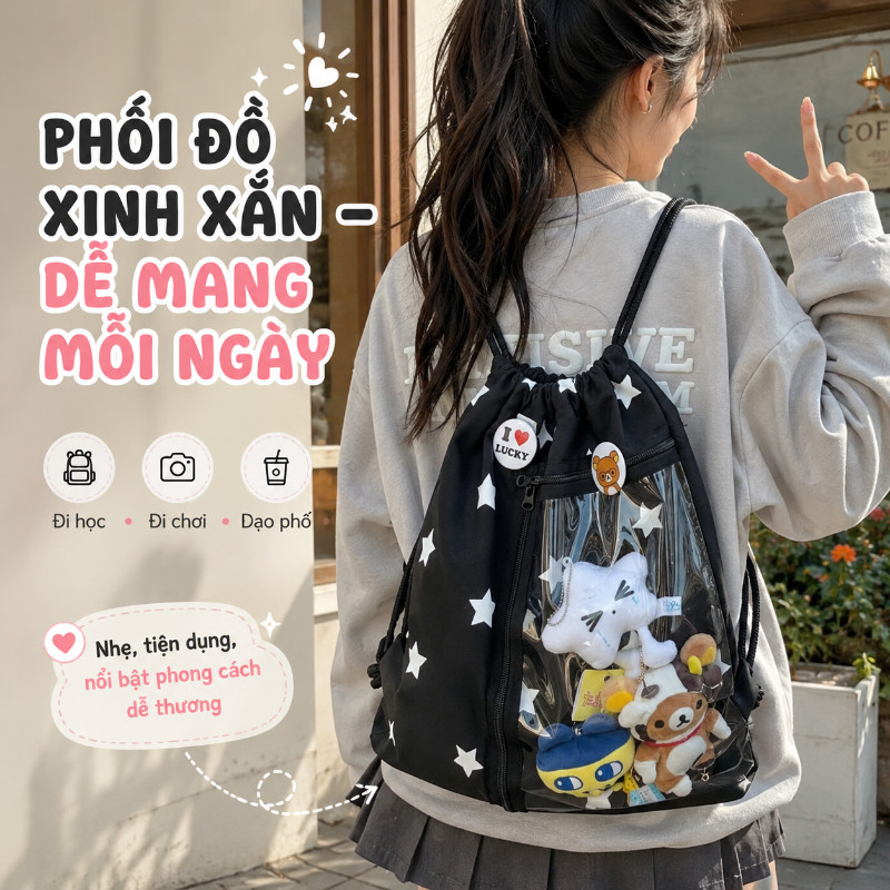 Balo rút dây nylon chống thấm ngăn trong suốt dung tích rộng cho học sinh đựng iPad sách điện thoại