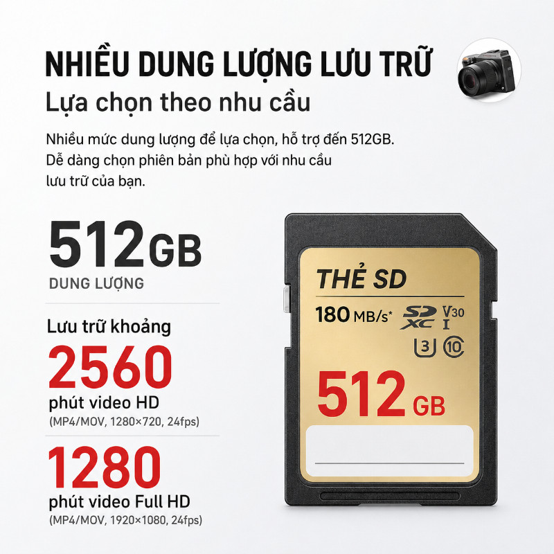 Thẻ nhớ máy ảnh (thẻ SD) 32GB, 64GB, 128GB: Ghi và chụp tốc độ cao, phù hợp với máy ảnh và máy quay phim.