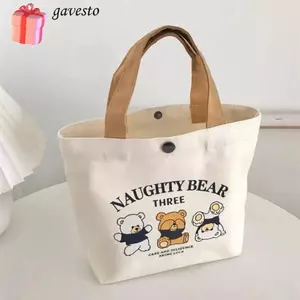 Túi xách Mini GAVESTO, Túi Tote vải canvas dung tích lớn, Túi ăn trưa đào hoạt hình dễ thương Dã ngoại