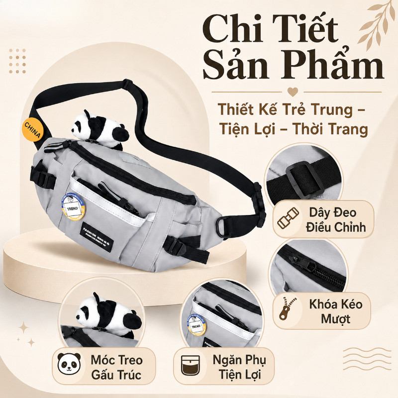 Túi Gấu Đeo Chéo,Thời Trang Nam Nữ,Dung Tích Lớn,Chống Nước,Tặng Kèm Móc Treo Gấu Trúc Và Huy Hiệu