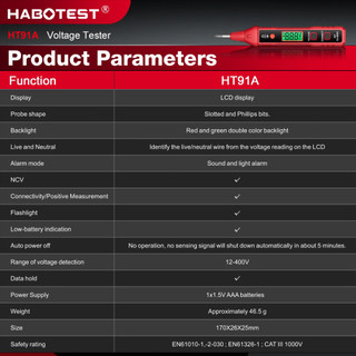 D (Bảo Hàng 1 Năm)HABOTEST HT91A Bút kiểm tra điện áp NCV AC 12 ~ 400V có màn hình LCD đèn nền dành cho dây điện