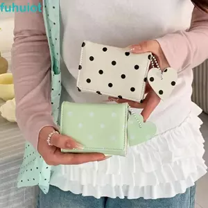 Ví chấm bi ba lần FUHUIOT, Hộp đựng thẻ PU đa chức năng ngọt ngào, Mặt dây chuyền trái tim ngọt ngào Khe cắm nhiều thẻ Ví đựng tiền xu di động Du lịch