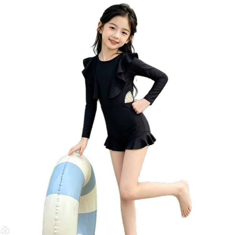 Bé Gái Một Mảnh Màu Đen Đồ Bơi Mùa Hè Phong Cách Mới Trẻ Em Ren Khâu Xù Đồ Bơi
