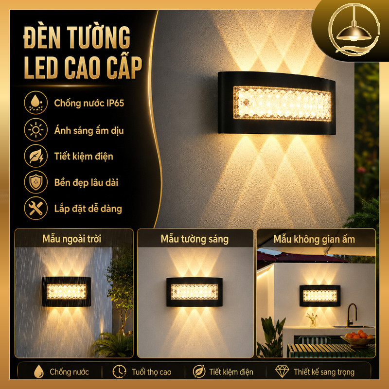 Đèn Hắt Tường 2 Đầu, Chống Nước IP65, Ánh Sáng Vàng Ấm, Không Chói, Trang Trí Ban Công, Phòng Khách, Khu Vườn