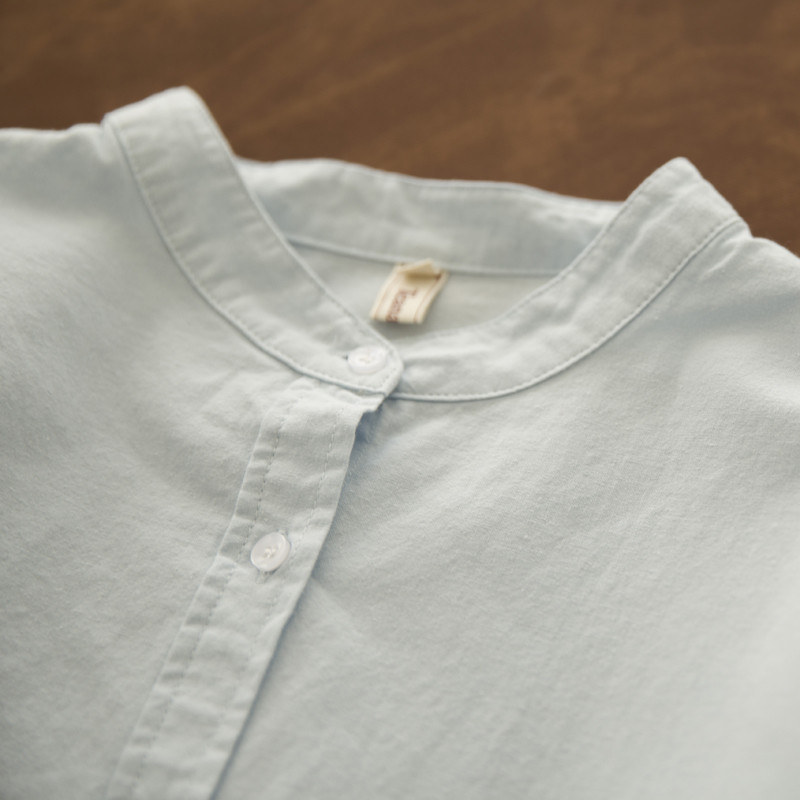 [Hàng có sẵn] Áo sơ mi nữ cotton Xuân Thu cổ đứng dài tay phong cách đại học, áo thẳng xuyên thấu