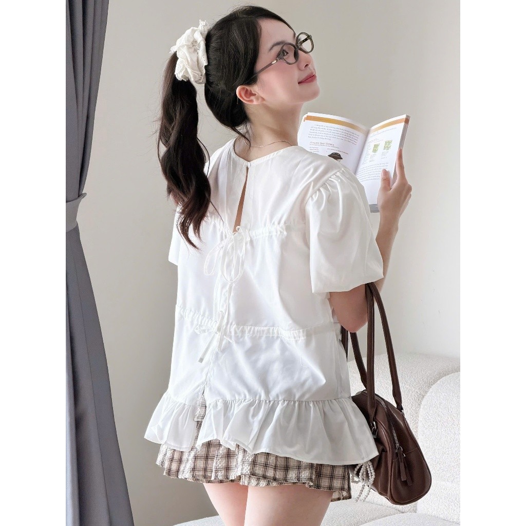 Áo kiểu babydoll dáng rộng dây buộc sau tay bồng chất thô Miha Studio