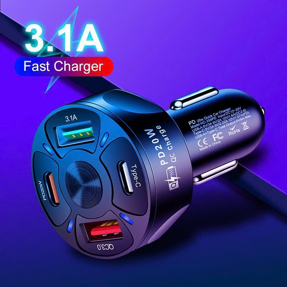 Tẩu Sạc Nhanh Ô Tô Chính Hãng PD 20W QC3.0 Sạc Siêu Tốc 3.1A ,Tẩu Chia 4 Cổng 2 Ty-C + 2 USB, Bảo Hành 6 Tháng