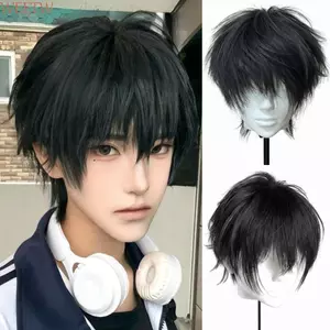 WEETW Tóc Lớp Thẳng Ngắn, Tóc Giả Nam Tổng Hợp Chịu Nhiệt Có Nổ, Tóc Giả Toupee Tóc Tự Nhiên Tóc Giả Halloween Cosplay Tóc Giả Selfie
