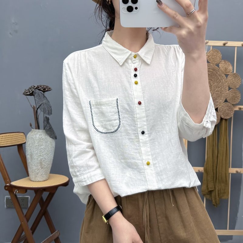 [Hàng có sẵn] Áo sơ mi nữ Cotton cao cấp dáng rộng tay ngắn, nút màu