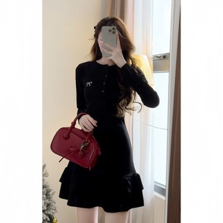 Váy sơ mi cổ tròn  body thêu nơ đuôi cá, Váy len tăm dài tay tiểu thư
