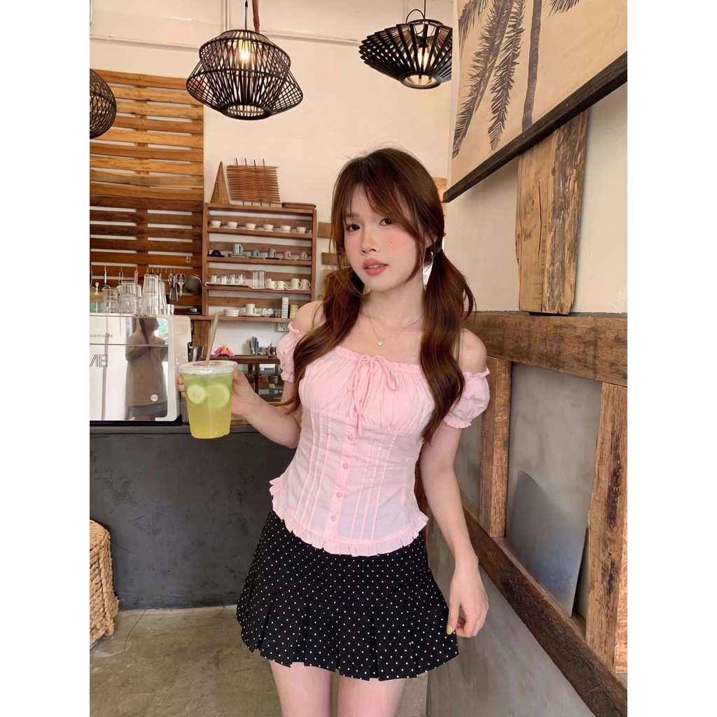 SUXI Áo sơ mi cổ vuông tay ngắn tay phồng ngọt ngào giản dị mùa hè mới dành cho nữ 260528