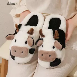DELMER 1 đôi Dép sang trọng bò, Dép xỏ ngón chống trượt quấn ngón chân mùa đông, Dép sang trọng ấm áp dễ thương