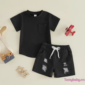 Bộ áo thun ngắn tay cho bé trai + Quần Short Denim rách Trang phục mùa hè