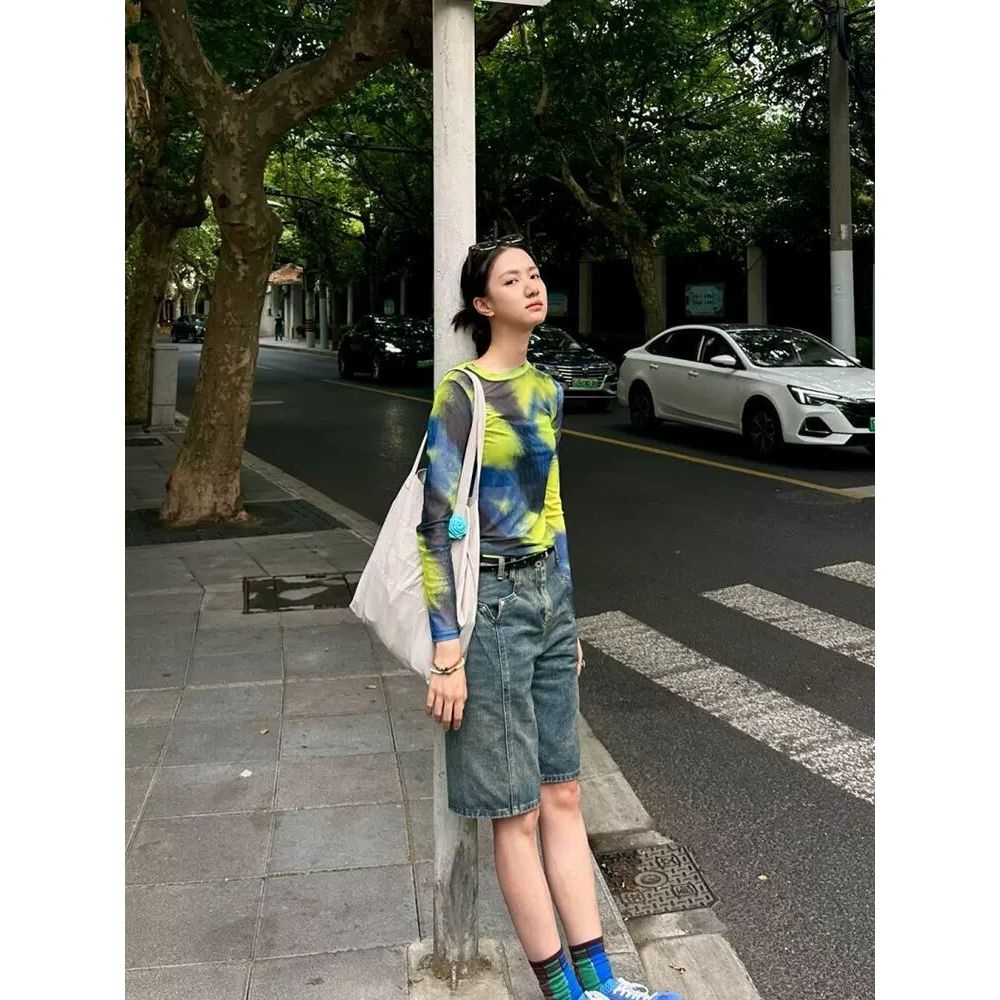 Milyfashion Loose High-Stretch Summer Thin Mesh Ice Silk Kem Chống Nắng T Dài Tay Đáy Tie-Dye All-Match Gợi Cảm Top