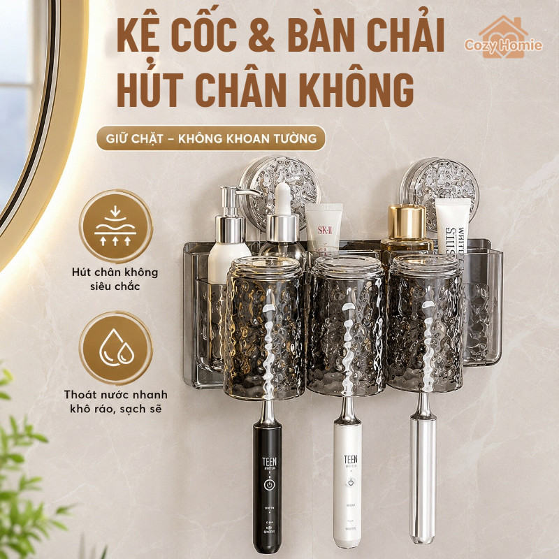Kệ đựng bàn chải cốc đánh răng hút chân không không khoan tường tiết kiệm không gian phòng tắm