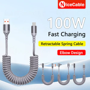 100W Siêu Nhanh Sạc Cáp Dữ Liệu Di Động Stereo Khuỷu Tay Thiết Kế Điện Thoại Sạc Cáp Dữ Liệu Lò Xo Kính Thiên Văn Dệt Dây Sạc Xe Hơi Cho IOS / Loại C
