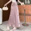 Phong cách Pháp sang trọng Váy Satin màu hồng phong cách mới dành cho nữ eo cao ôm hơn Váy chữ A Váy dài hoa