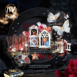 JIANWU Vintage Dark Gothic Hoa Cửa Sổ Phong Cảnh Chất Liệu Cắt Dán Thêu Sò PET Miếng Dán Sáng Tạo DIY Tạp Chí Văn Phòng Phẩm