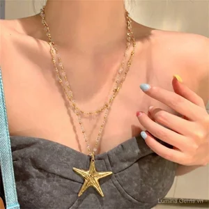 Mặt dây chuyền sao biển hai lớp Vòng cổ pha lê Đính cườm phong cách ngày lễ Chuỗi xương đòn