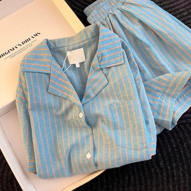 [Hàng mới về] Bộ đồ ngủ Cardigan sọc phong cách thông thường, Cotton đám mây nữ có thể mặc bên ngoài mùa hè Quần Short ngắn tay đơn giản thoải mái