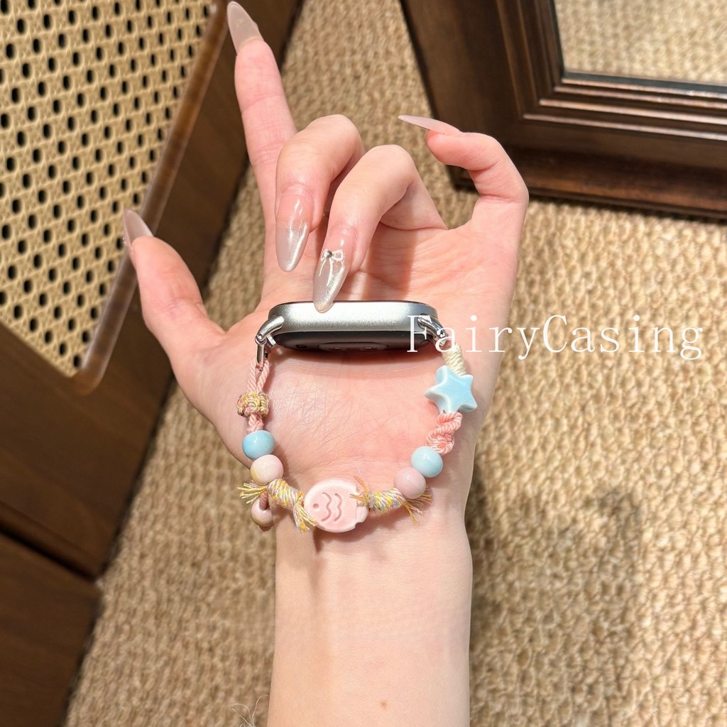 Màu Hồng Cá Gốm Hạt Dệt Dây Đeo Cho Xiaomi Mi Band 10 9 8 Pro 7 6 5 4 3 Vòng Tay Cho Redmi Watch 6 5 4 Dây Đeo Tay